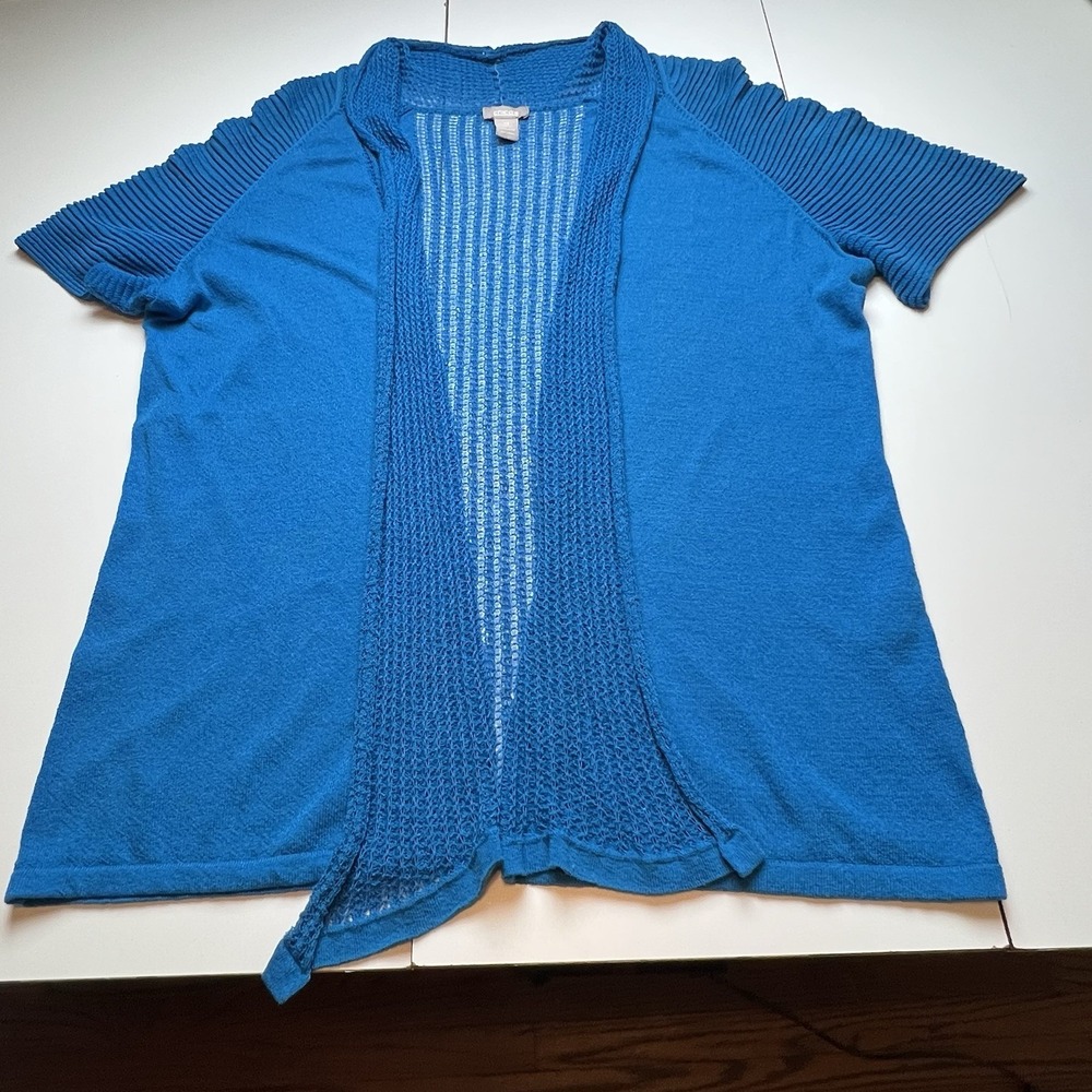 Chico's Women's Size 2 Large‎ 12 Open Front Short Sleeve Cardigan Royal Blue Rib